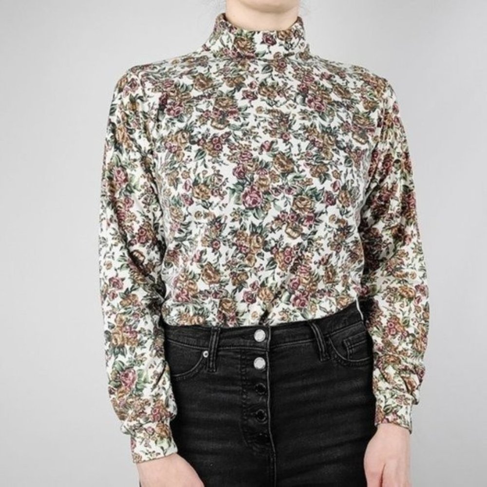 Vintage Floral Turtleneck Knit Long Sleeve Top
